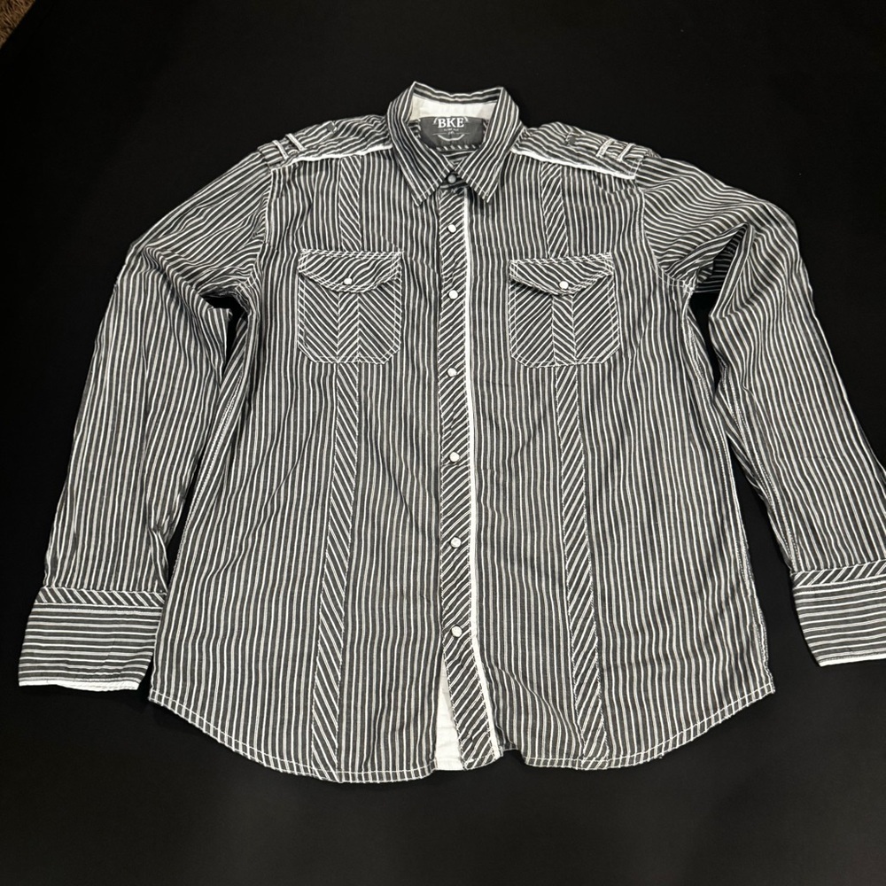 BKE Slim Fit 2XL Striped Button Down Shirt Black Western Vintage